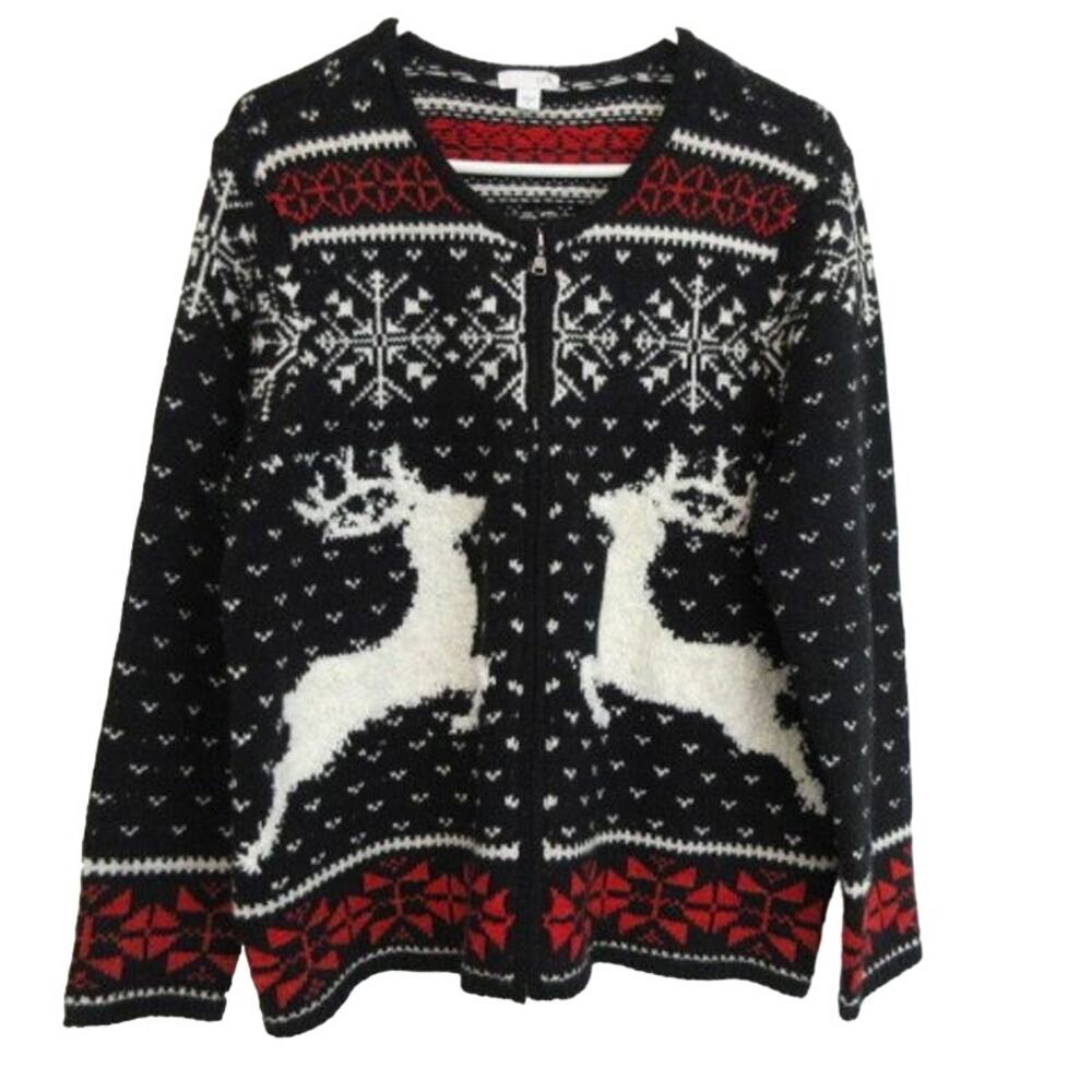 J. Jill Sweater Cardigan Womens Medium Black Reindeer Holiday Zipper Wool Blend
